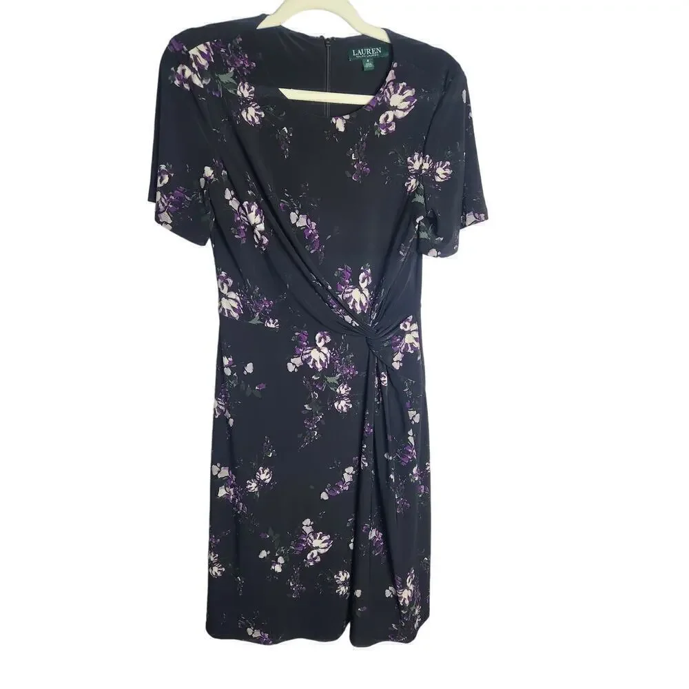 Lauren Ralph Lauren Dark Floral faux wrap dress sz 8 academic Careerwear - Picture 1 of 11